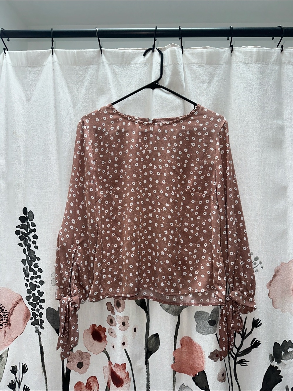 SHEIN Dusty Rose Floral Tie-Sleeve Blouse